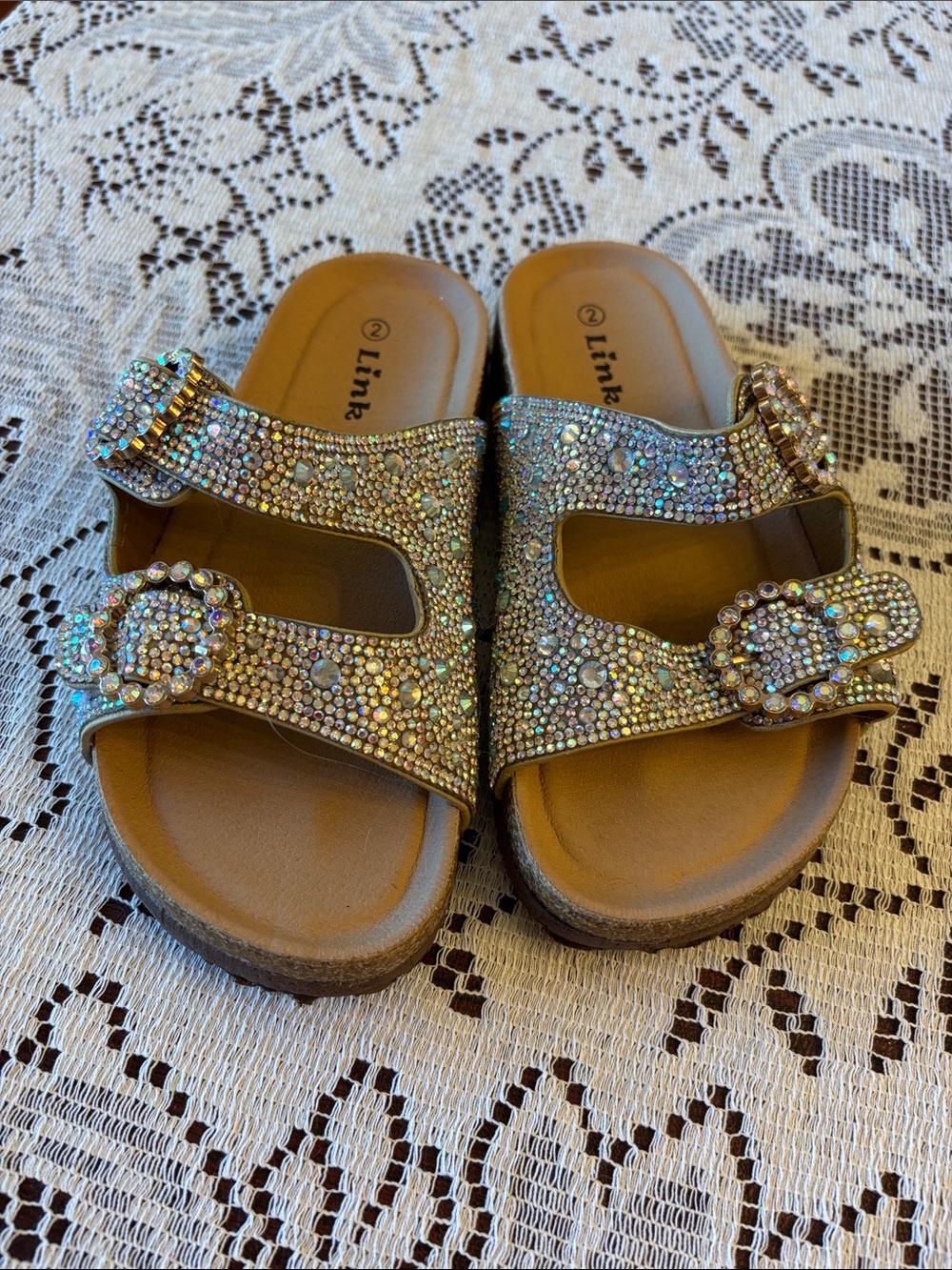 Link Kids Iridescent Rhinestone Double-Buckle Slide Sandals - Brown Footbed